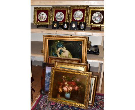 A QUANTITY OF FRAMED PAINTINGS AND PRINTS ETC, comprising a modern indistinctly signed floral still life study painted in a 1