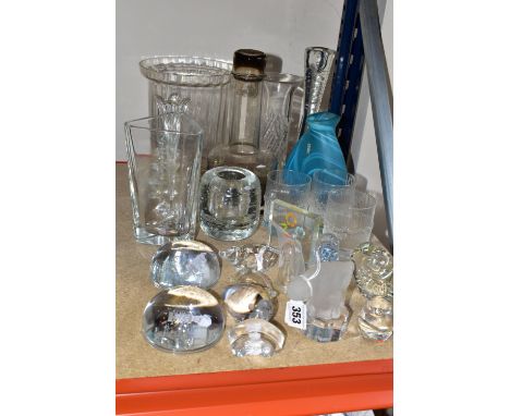 A GROUP OF VINTAGE GLASSWARE, comprising a 1960's Holmegaard smoked glass decanter by Per Lutkin, two Hadeland glass animals,