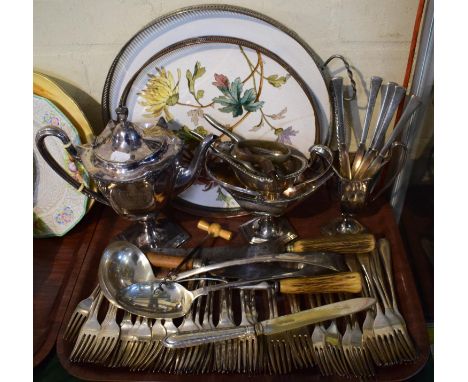 A Tray Containing a 19th Century Three Piece Silver Plate Coffee Service, Silver Plated Cutlery Including Large Ladle, Two Ce