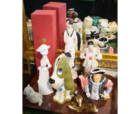 A Tray of Animal and Figural Ornaments to Include Boxed Spode Olivia, Szeiler Dog Money Box, Goebel Cat etc 