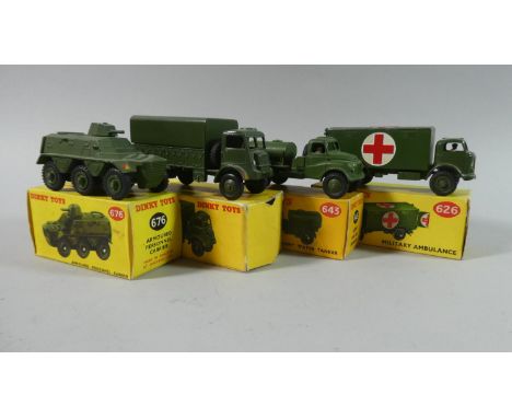 Four Boxed Dinky Military Toys. Army Covered Wagon (623-Box AF), Military Ambulance (626), Armoured Personnel Carrier (676) a