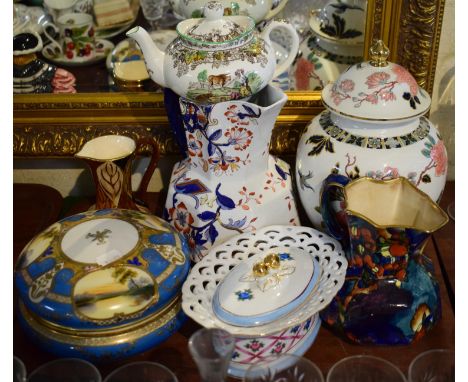 A Tray of Ceramics to Include Noritake Lidded Circular Bowl, Masons Jug, Spode's Byron Teapot, Corona Ware Cherry Ripe Jug et