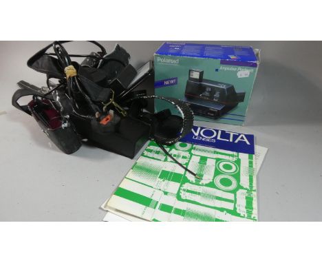 A Box Containing Various Vintage Photographic Equipment and a Polaroid Impulse Portrait Camera 