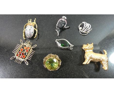A Collection of Vintage Brooches to Include Silver and Pearl Example, Danbury Mint Dog, Bronze Modernist Example 