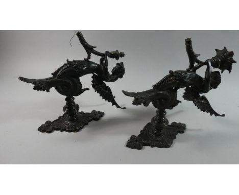A Pair of French Bronze Wall Hanging Figural Wall Lights in the Form of Melucine, a Winged Mermaid, Each 29cm high 