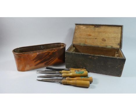 A Vintage Wooden Box Containing Tools Together with a Copper Planter Containing Wood Chisels 