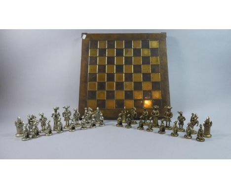 A Mid 20th Century Brass Chess Board and Chess Set, 44cm Square 