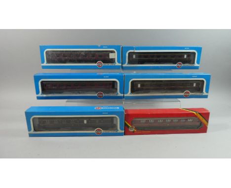 A Collection of Six Boxed OO Gauge Airfix and Hornby Coaches in LMS Livery comprising 54202-1st/3rd Composite Corridor 5542 a