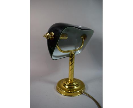 A Reproduction Brass and Opaque Green Glass Desk Top Lamp, 31cm High 