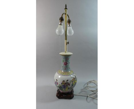 A Chinese Republic Decorated Vase Converted to Table Lamp and Decorated with Emperor and Attendants 