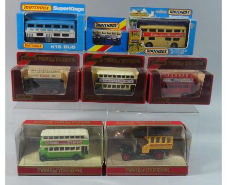 A Collection of Eight Boxed Matchbox Models of Yesteryear and Superkings to include K-5 1930 Leyland Titan TDI City of Covent