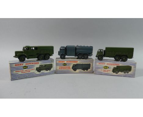Three Boxed Dinky Military Supertoys, 10 Ton Army Truck, Medium Artillery Tractor and Pressure Refueler, No 622, 689 and 642 
