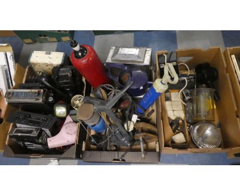 Three Boxes Containing Vintage Car Radios, Vintage Telephone, Tools, Lucas Fog Light, Vintage Bulbs etc 