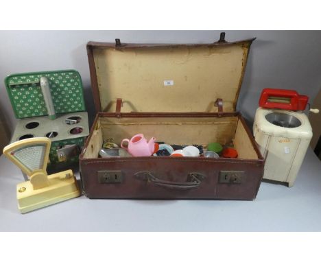 A Collection of Vintage Toys to include Tin Plate Chad Valley Cooking Range, Gwenda, Vulcan Washing Machine, Pots and Pans, K