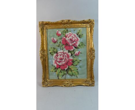 A Gilt Framed Tapestry Depicting Roses, 43cm High 