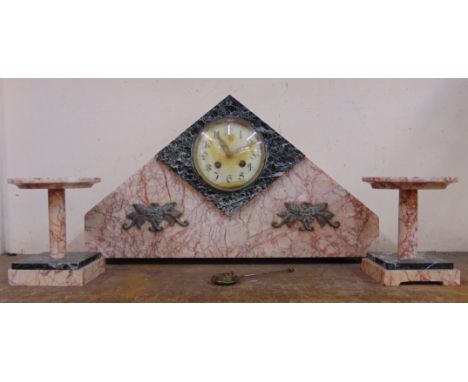 A French Art Deco marble clock garniture 