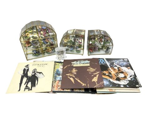 Collection of ceramic butterflies, with three display cases, records to include Fleetwood Mac, Abba etc
