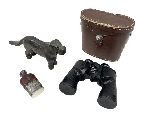 Cast metal nutcracker, in the form of a dog together with a pair of Swift Saratoga 8x40 binoculars in leather case and a hip 