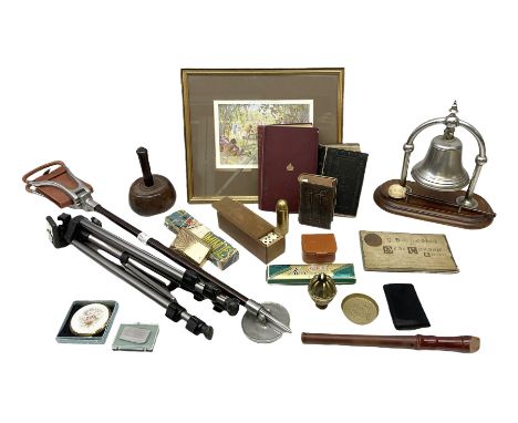 20th century bell gong mounted on an oak stand, Stratton compact and hair brush, Charles Dickens Christmas and Other Stories 