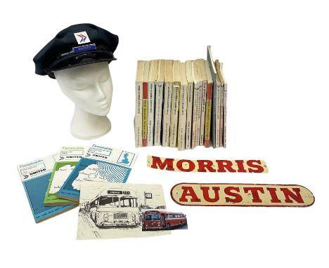 Collection of United Automobile Services Limited time table books, from 1959 onwards, tin plate Austin and Morris signs, toge