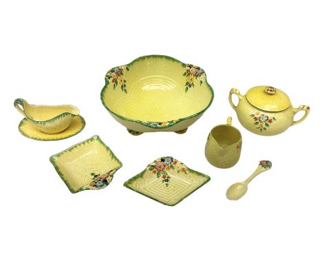 Crown Devon Garden Path pattern ceramics, comprising bowl, twin handled lidded sucrier, sauce boat and saucer, jug, two small