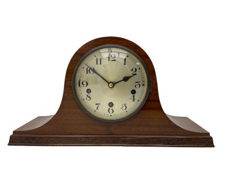 Sapele Mahogany cased tambour mantle clock c1950 with a three-train chiming movement, chiming the quarters on 5 gong rods, wi