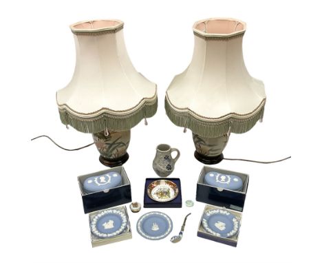 Pair of Oriental style table lamps in the form of ginger jars with covers, with pink tasselled shades, together with other ce