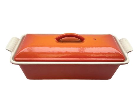 Le Creuset cast iron and enamel lidded tureen in the orange colourway, H12cm, L27cm