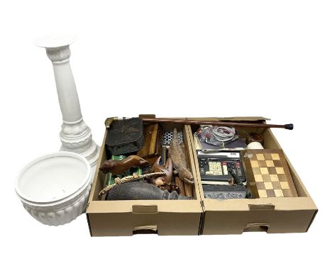 Quantity of boxed games, carved wood animal figures, walking stick with brass handle, VATMAN shop till, white ceramic jardini
