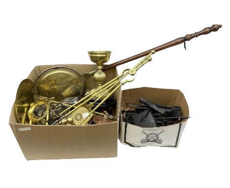Brass and metalware, to include brass cast figure of a collie, two copper horns, pair of fire dogs, and fire tools etc 