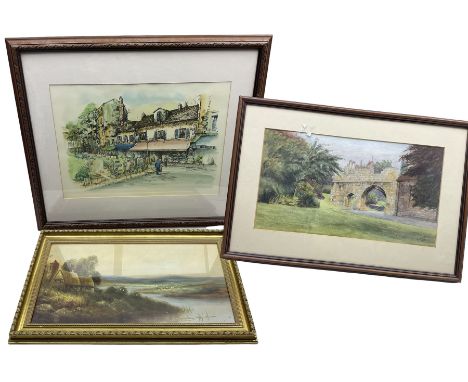 M Myers (British early 20th century): Abbey Ruins, watercolour signed and dated 1919; Continental School (20th century): Land