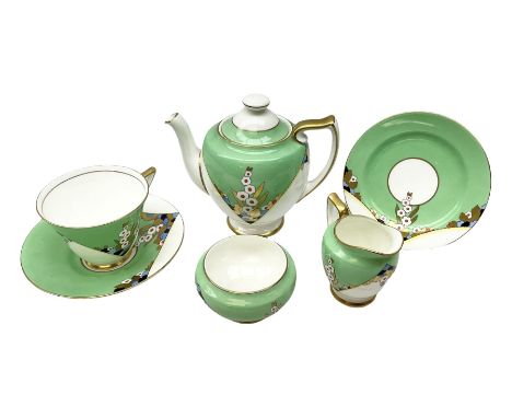 Royal Doulton Leonora pattern tea wares, Art Deco tea set the set with stylised gilded and painted flowers on a jade green an