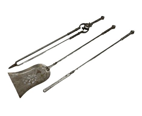 Set of three steel fire tools including tongs, shovel and poker, L75.5cm