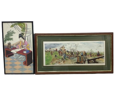 Oriental painting on silk and a print titled 'Almost There' signed FJ Scott 236/250 (2)
