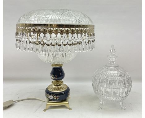 Large cut glass dish with cover together with a table lamp with cut glass shade, lamp H42cm