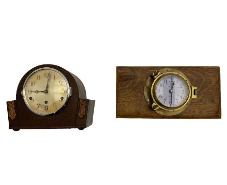 1960's Westminster chiming mantel clock and brass cased ships clock on an oak mounting board