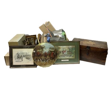 Rectangular barometer with mirror, silver plated wine coasters, Reflections by Leonardo boxed figure group of hares, stained 