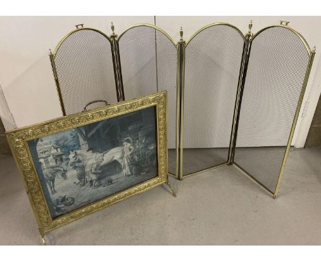 A vintage brass framed firescreen together with a more modern metal framed mesh folding fireguard.  Firescreen approx. 61cm t
