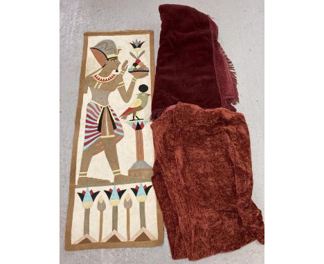 2 vintage tables cloths to include chenille. Together with a linen wall hanging of an Egyptian figure.  