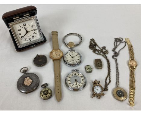 A collection of vintage and modern pocket watches, wrist watches and a travelling clock. In varying conditions. To include ex