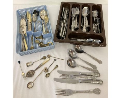 A collection of Kings pattern cutlery together with a tray of vintage table cutlery. To include pickle forks, serving spoons,