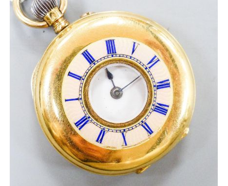 A continental 18k and enamel half hunter pocket watch, case diameter, 38mm, gross weight 42.2 grams.