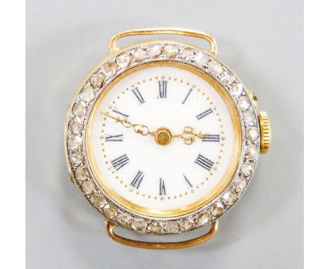 A lady's continental 18k and rose cut diamond set manual wind wrist watch, case diameter 26mm, gross weight 18 grams.