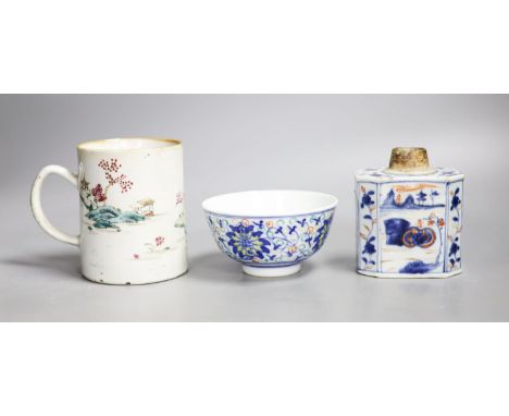 A Chinese famille rose mug, a Chinese Imari tea caddy and a doucai bowl, 18th century and later