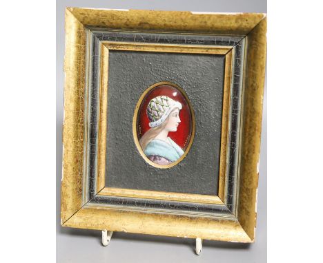 A small oval Limoges miniature enamelled portrait plaque, signed L. Fauré, framed8x5.5cm excl frame
