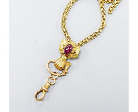 A Victorian yellow metal box link muff chain with cabochon amethyst set gauntlet suspension loop, (a.f.), appro. 170cm,gross 