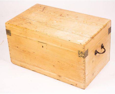 A small Victorian brass bound rectangular pine trunk, length 76cm, depth 46cm, height 42cm
