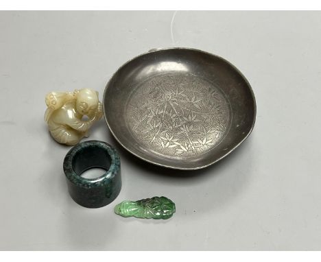 Assorted Chinese items including a jade figure, a jadeite pendant, pewter dish etc.