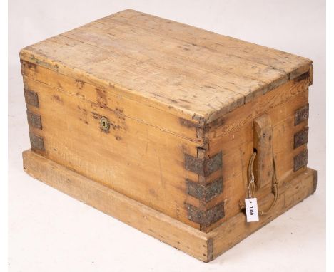 A Victorian iron bound rectangular pine trunk, length 88cm, depth 52cm, height 48cm