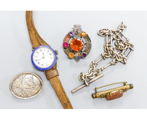 A white metal, paste and enamel set brooch, 40mm, a silver albert,  two brooches and a lady's white metal and enamel wrist wa